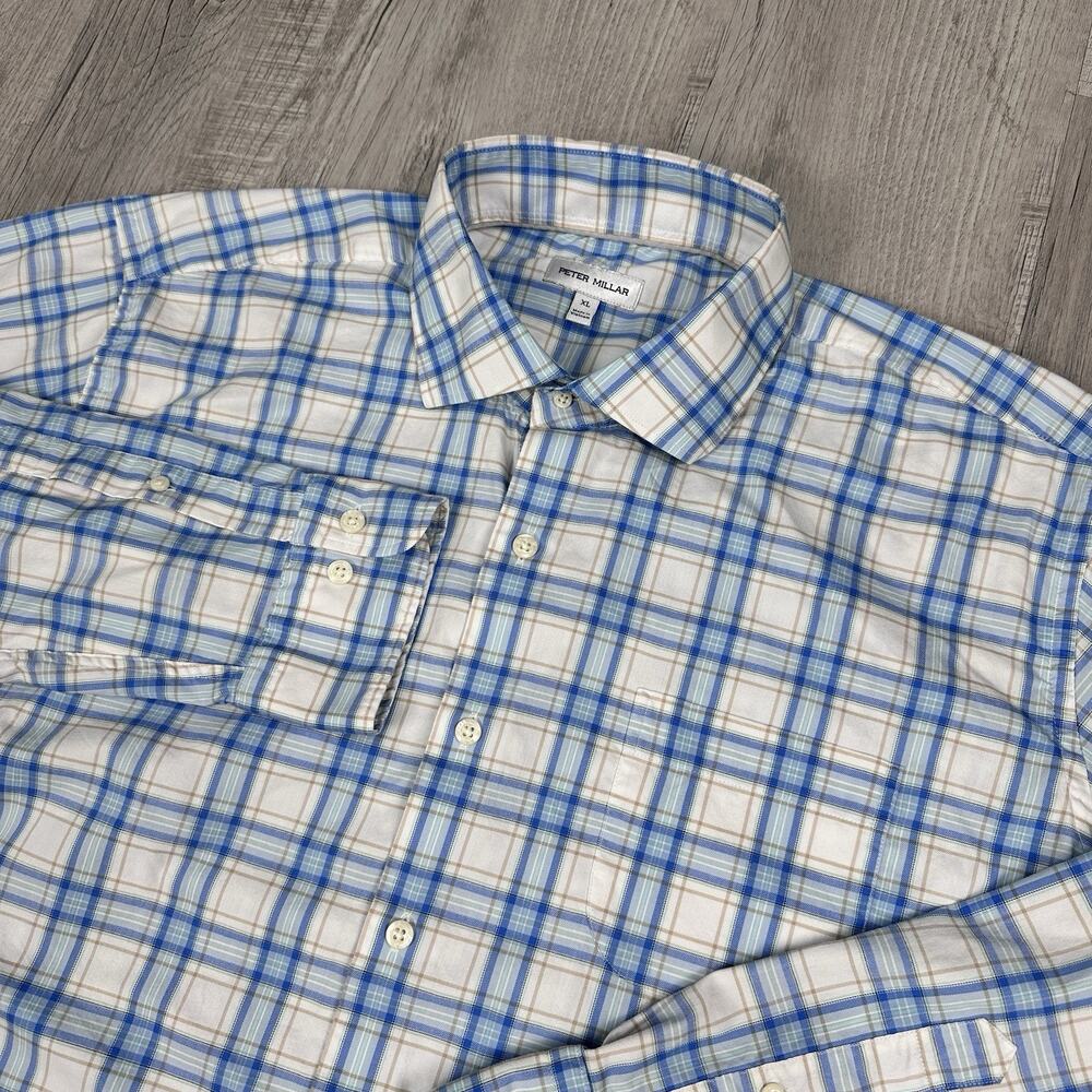 Peter Millar Button Shirt Mens XL Blue White Plaid Long Sleeve Cotton Check Golf